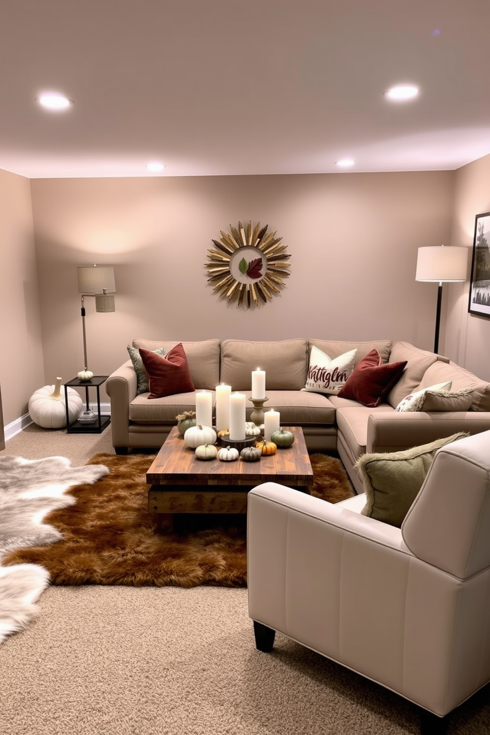 A cozy basement retreat adorned with faux fur rugs that add warmth and texture to the space. The walls are painted in a soft taupe, and the seating area features a plush sectional sofa with autumn-themed throw pillows. A rustic wooden coffee table sits in the center, surrounded by a collection of decorative pumpkins and candles. Ambient lighting from stylish floor lamps creates an inviting atmosphere perfect for Thanksgiving gatherings.