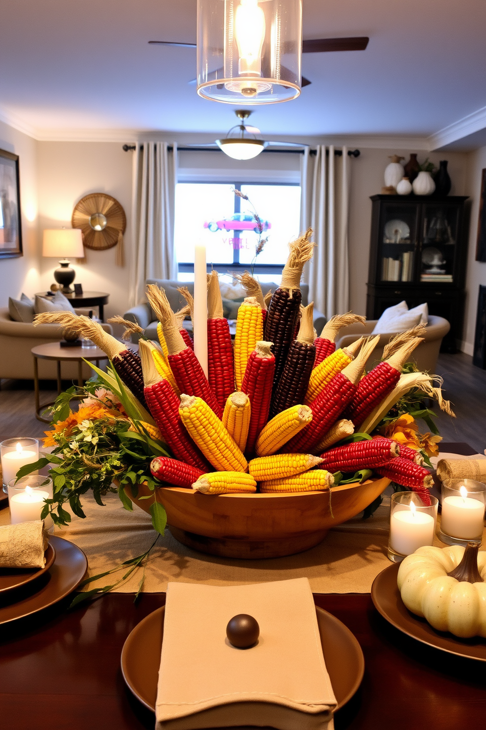 A cozy basement setting decorated for Thanksgiving features miniature hay bales arranged as decor accents. Scattered among seasonal pumpkins and autumn leaves, these hay bales create a warm and inviting atmosphere for family gatherings.