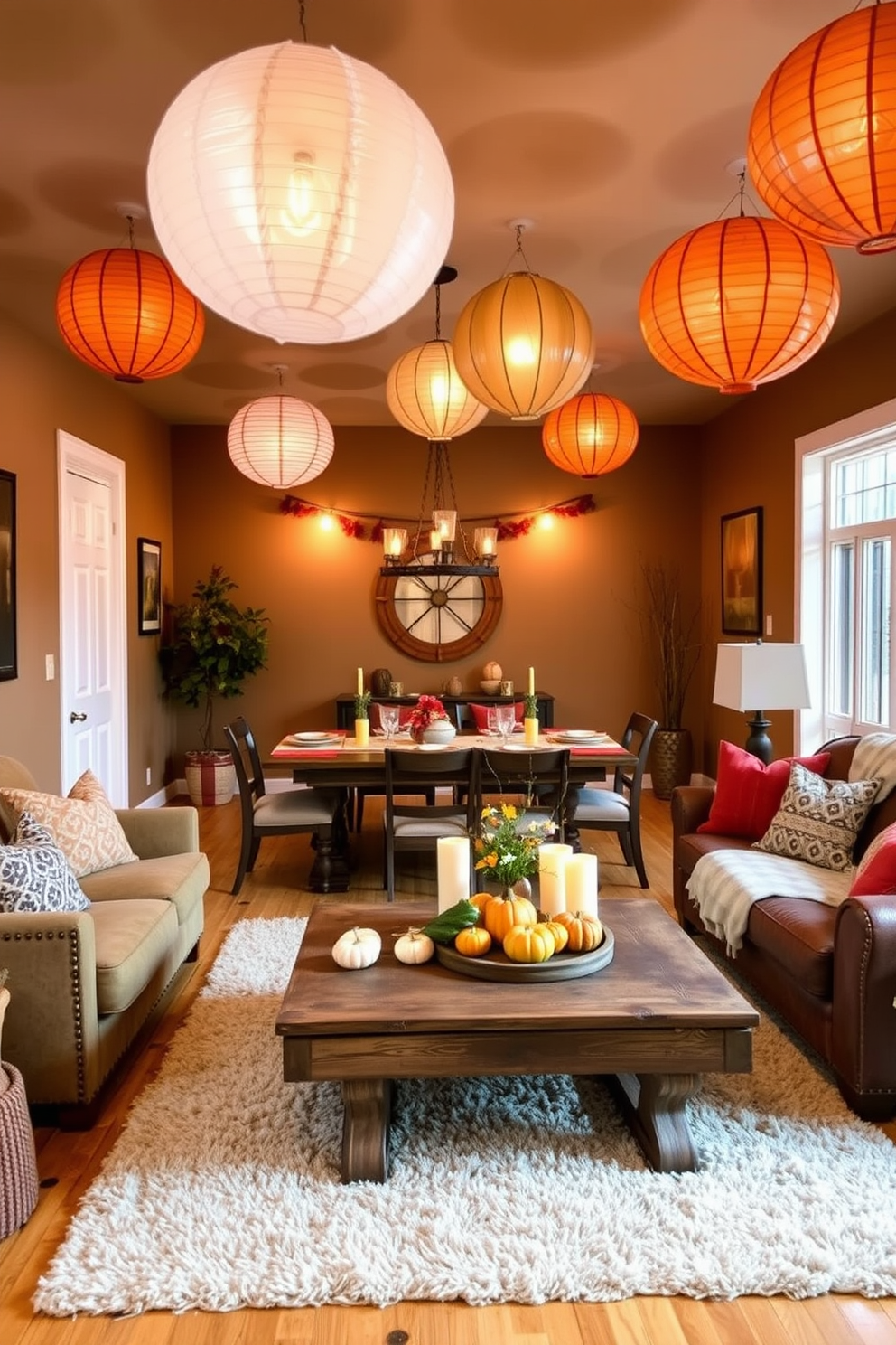 Create a cozy basement space designed for Thanksgiving gatherings. The room features hanging paper lanterns in warm autumn colors, casting a soft glow over a large wooden dining table set with seasonal decorations. Comfortable seating is arranged around a rustic coffee table, adorned with pumpkins and candles. The walls are painted in earthy tones, and a plush area rug adds warmth to the space, inviting family and friends to relax and enjoy the festive atmosphere.