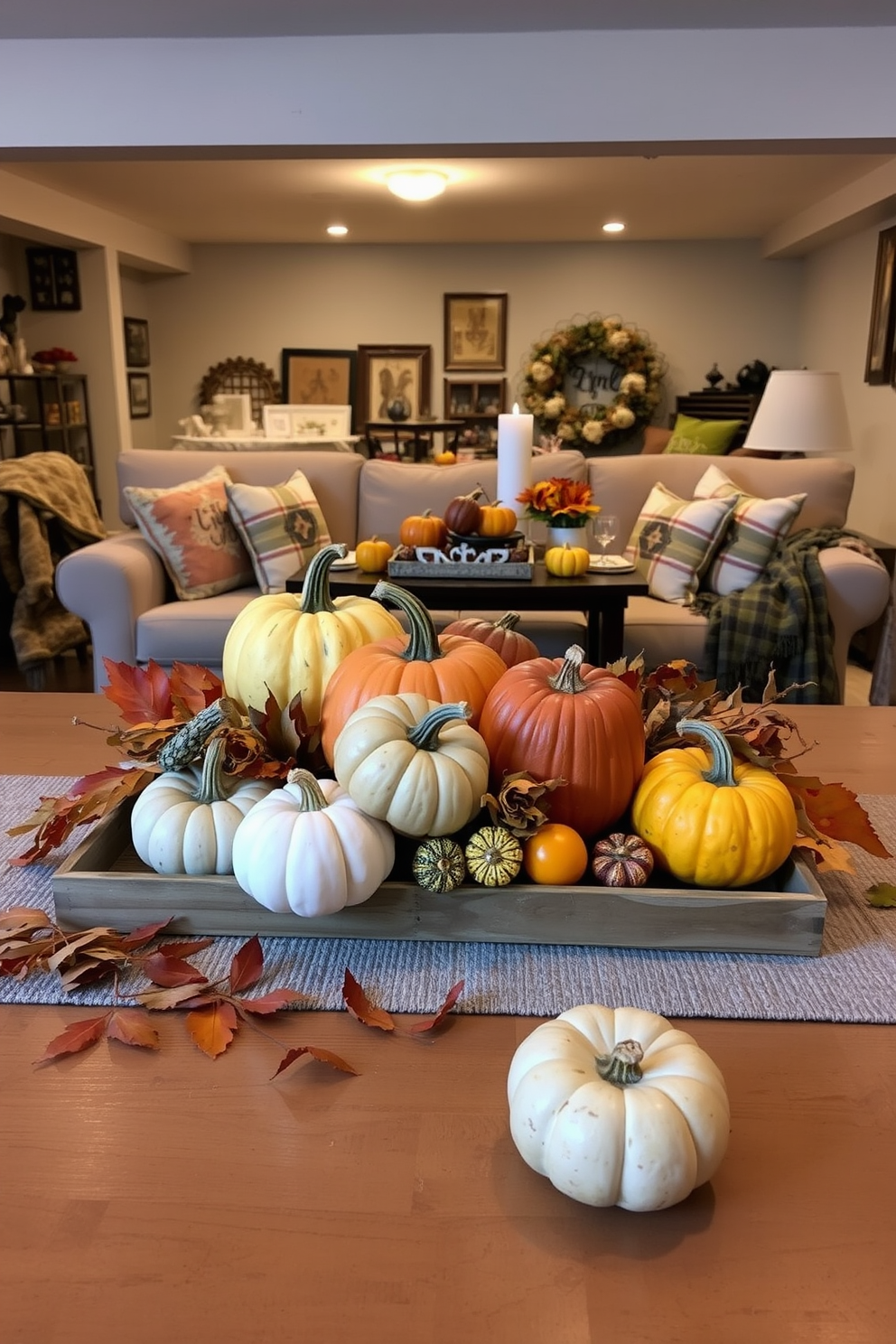 A harvest-themed table centerpiece featuring an assortment of pumpkins in various sizes and colors. Surrounding the pumpkins, there are autumn leaves and small gourds arranged on a rustic wooden tray. In the basement, cozy seating is arranged around a coffee table adorned with seasonal decorations. Soft, warm lighting creates an inviting atmosphere, complemented by plush blankets and decorative pillows.