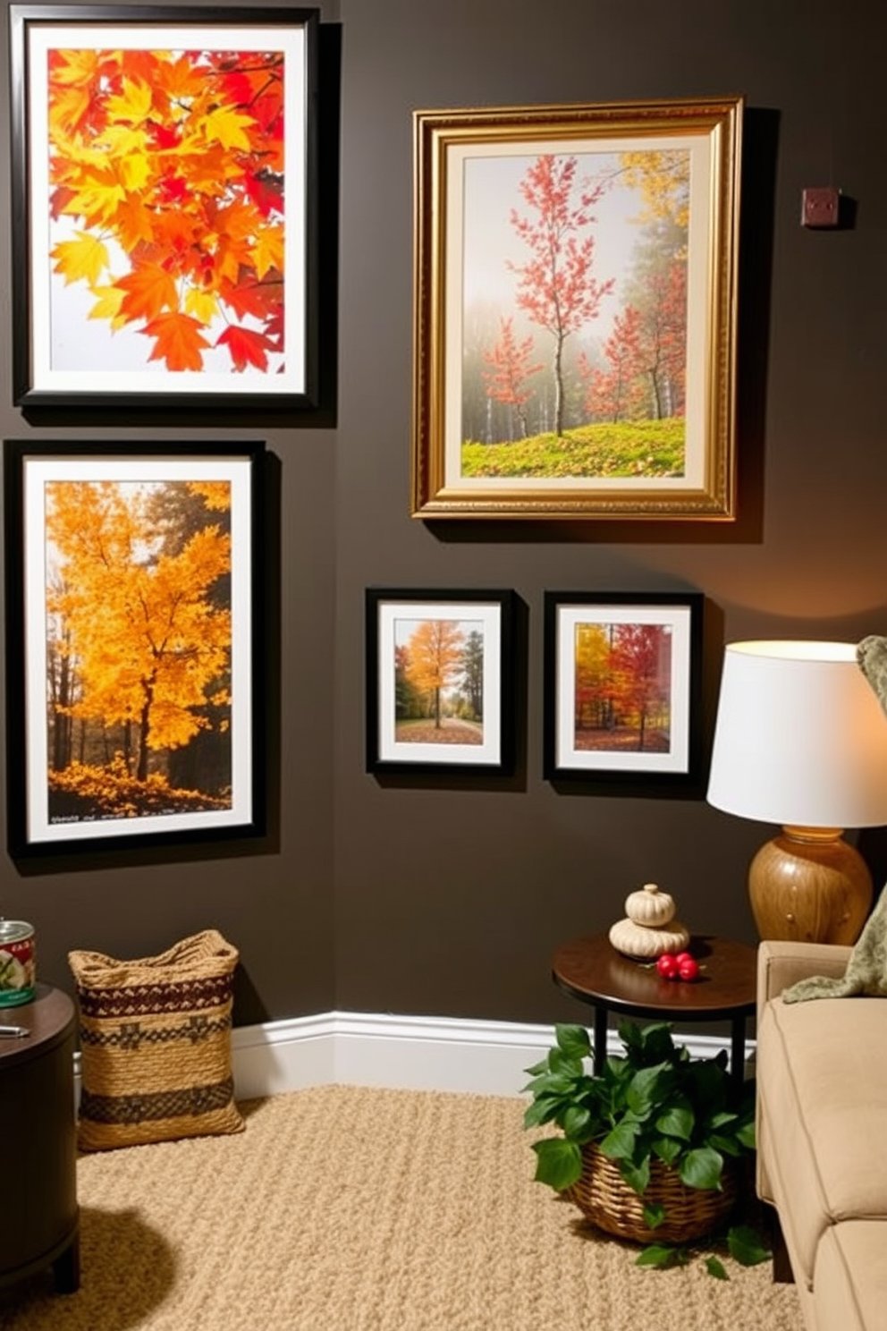 Create a cozy basement space that features nature-inspired wall art showcasing vibrant autumn themes. The walls are adorned with framed prints of colorful fall leaves and rustic landscapes, enhancing the warm atmosphere of the room.