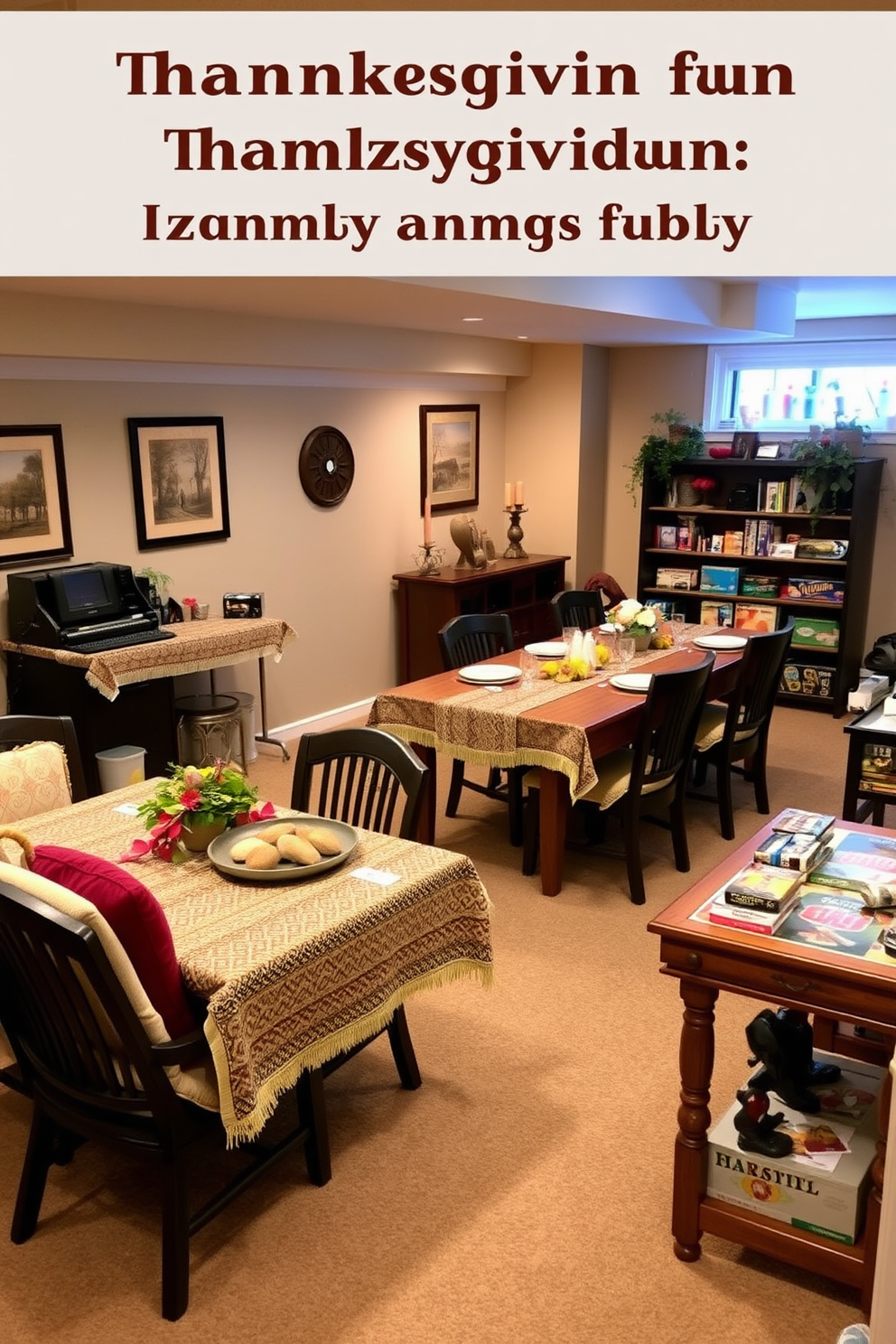 A cozy basement space designed for family fun during Thanksgiving. The area features a large wooden table surrounded by comfortable chairs, adorned with a festive tablecloth and seasonal decorations. To one side, a game station is set up with a variety of board games and card games for all ages. Soft lighting and warm colors create an inviting atmosphere perfect for family gatherings.