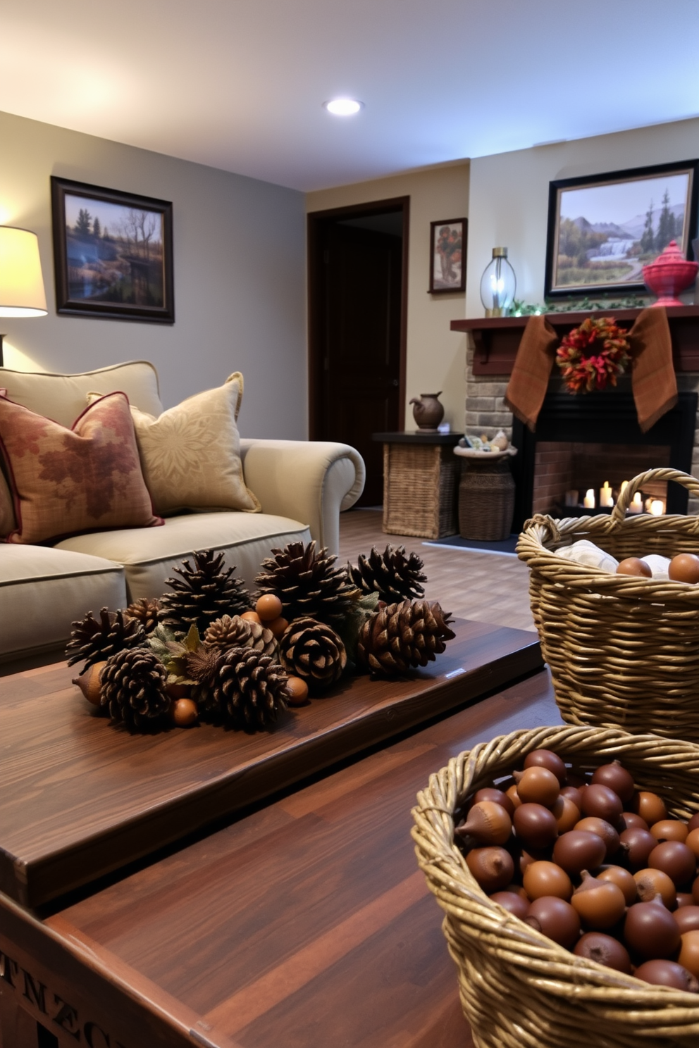 A cozy basement space featuring stacked wooden crates used as rustic storage solutions. The crates are arranged creatively along the walls, adorned with seasonal decorations for Thanksgiving, including pumpkins and autumn leaves.