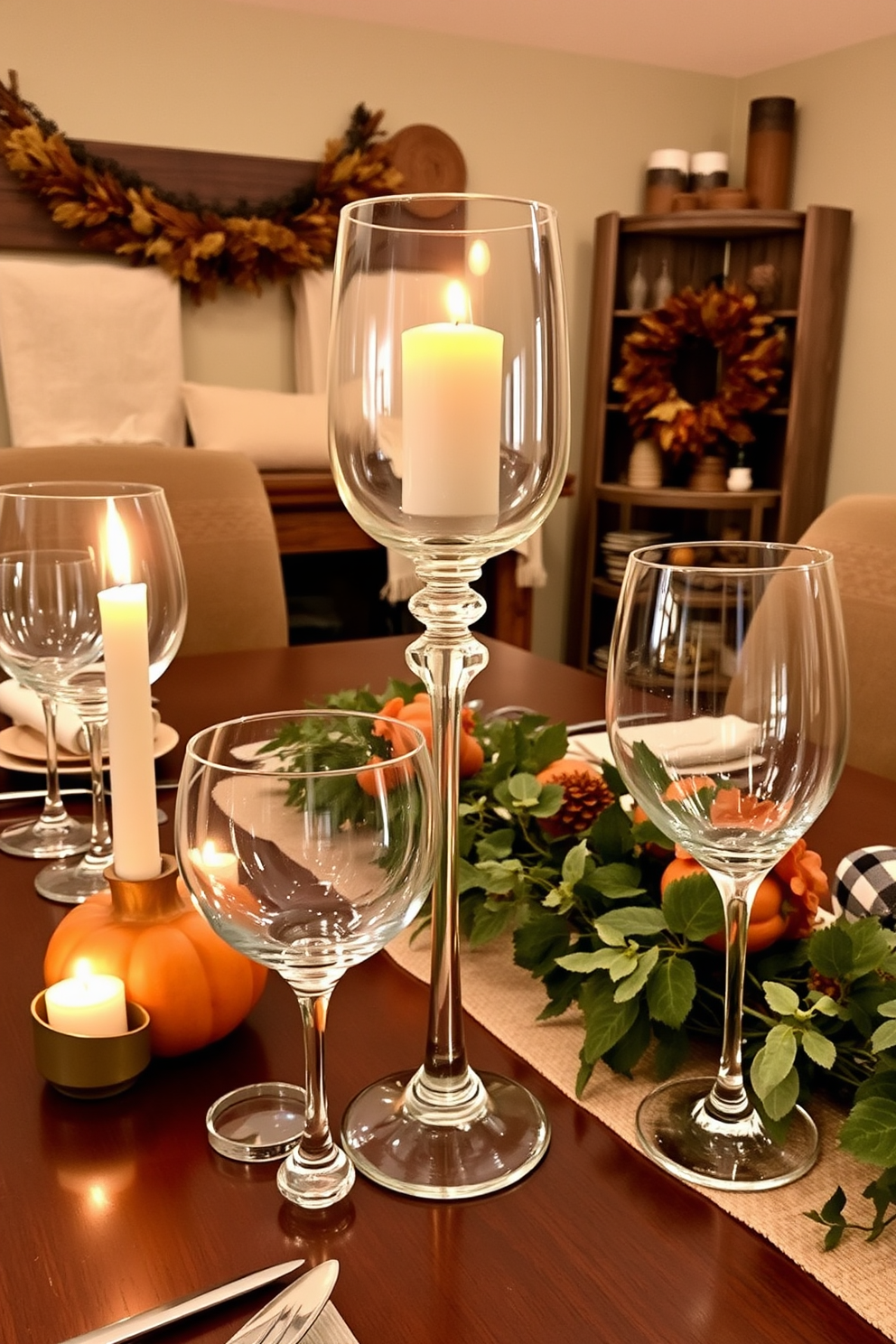 Elegant glassware for a sophisticated touch. The table is set with crystal wine glasses and delicate champagne flutes, reflecting the warm glow of candlelight. Thanksgiving basement decorating ideas. The space is adorned with rustic wooden accents, cozy throw blankets, and seasonal centerpieces featuring pumpkins and autumn foliage.