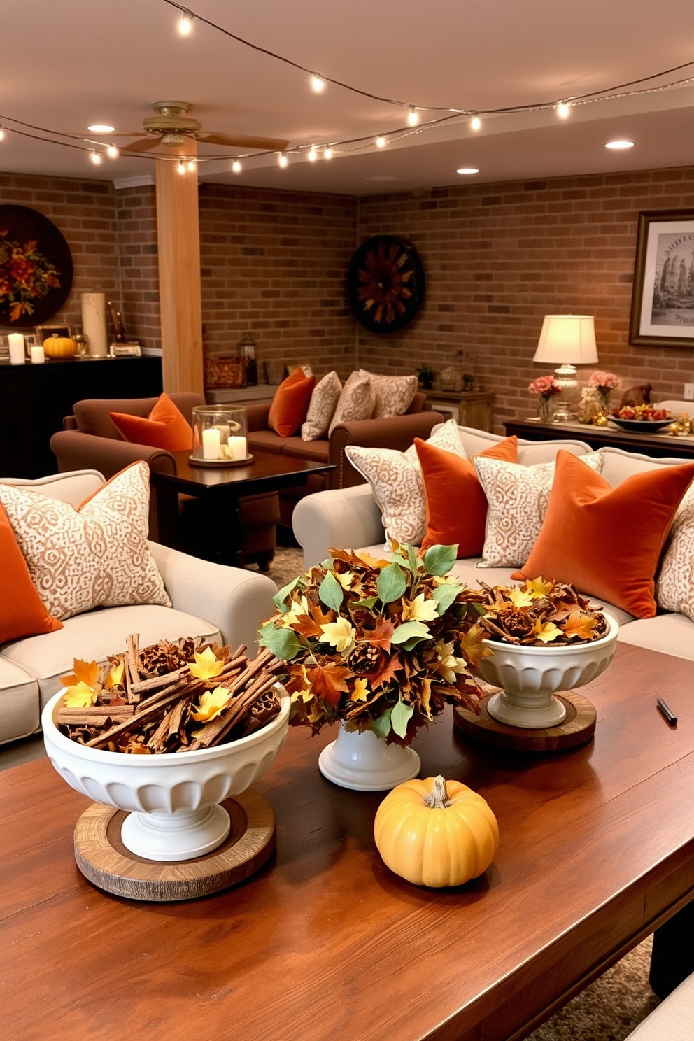 A cozy basement decorated for Thanksgiving features warm autumn colors and seasonal accents. Potpourri bowls filled with cinnamon sticks, dried orange slices, and colorful leaves are placed on wooden tables throughout the space. Soft lighting from string lights creates an inviting atmosphere, while plush seating arrangements encourage gatherings. Decorative pillows in rich tones and a festive table centerpiece enhance the seasonal charm.