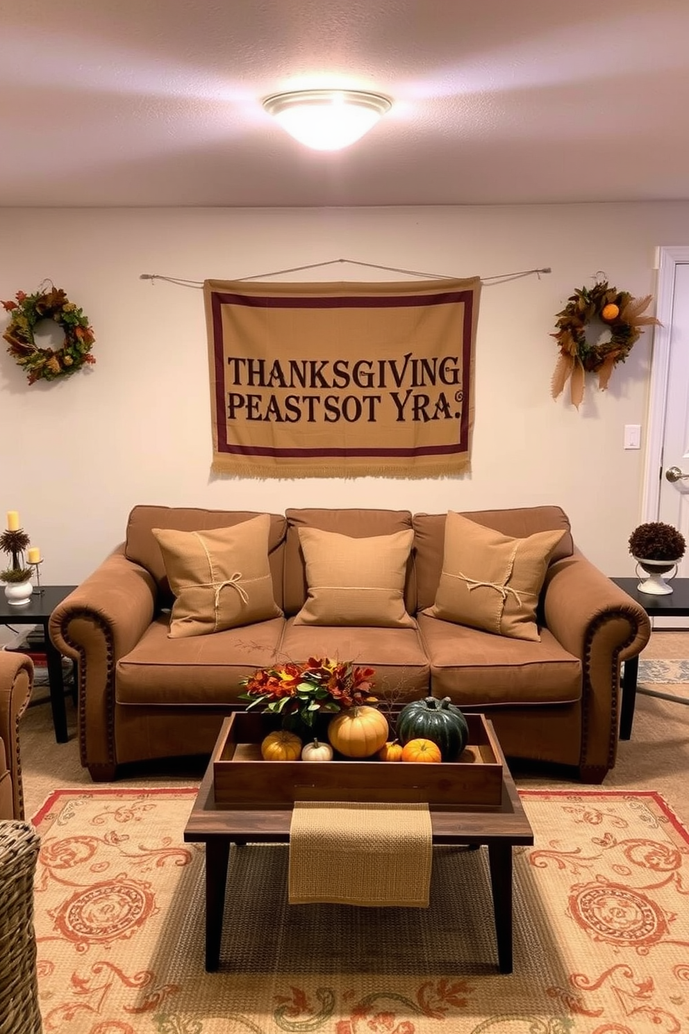 A cozy basement decorated for Thanksgiving features a rustic wooden table adorned with a vibrant autumn-themed table runner. On the table, glass jars filled with colorful candy corn are arranged alongside small pumpkins and candles, creating a warm and inviting atmosphere. The walls are painted in a soft beige hue, complemented by rich brown accents in the furniture. Plush seating options invite guests to gather and enjoy the festive decor, while string lights add a touch of whimsy to the space.