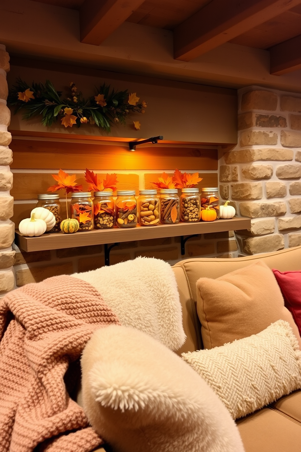 Mason jars filled with seasonal treats are arranged on a rustic wooden shelf in a cozy basement. The warm lighting creates an inviting atmosphere, highlighting the rich colors of autumn leaves and spices within the jars. Decorative pumpkins and gourds are placed around the jars, adding a festive touch. Soft throw blankets and plush cushions are scattered on a comfortable sofa, encouraging relaxation and enjoyment of the holiday spirit.