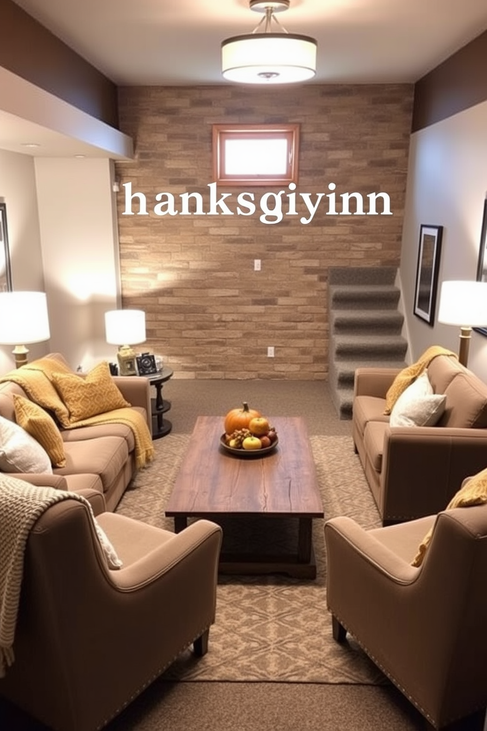 A cozy basement setting designed for Thanksgiving gatherings. The space features a large sectional sofa adorned with warm, textured throw blankets and pillows in autumn colors. A rustic wooden coffee table sits in the center, surrounded by plush armchairs. Soft lighting from floor lamps creates an inviting ambiance, while a playlist of soft music plays gently in the background.