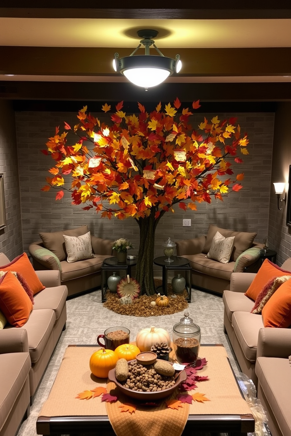 A warm and inviting basement space decorated for Thanksgiving. The focal point is a large thankful tree adorned with colorful leaves, each featuring handwritten notes of gratitude from guests. Surrounding the tree, comfortable seating arrangements are created with plush sofas and seasonal throw pillows. Soft ambient lighting enhances the cozy atmosphere, while a festive table displays an array of autumn-themed decorations and treats.