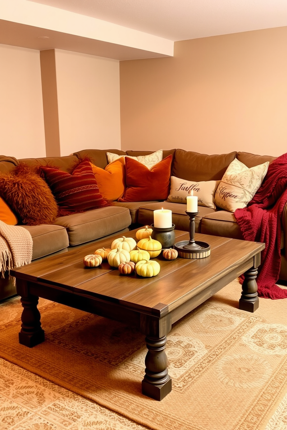 Layered textures create a warm and inviting atmosphere in the basement. Plush pillows in rich autumn colors are arranged on a cozy sectional sofa, complemented by soft throws draped over the armrest. A rustic wooden coffee table sits at the center, adorned with seasonal decorations like miniature pumpkins and candles. The walls are painted in a warm beige tone, enhancing the cozy feel of the space for Thanksgiving gatherings.