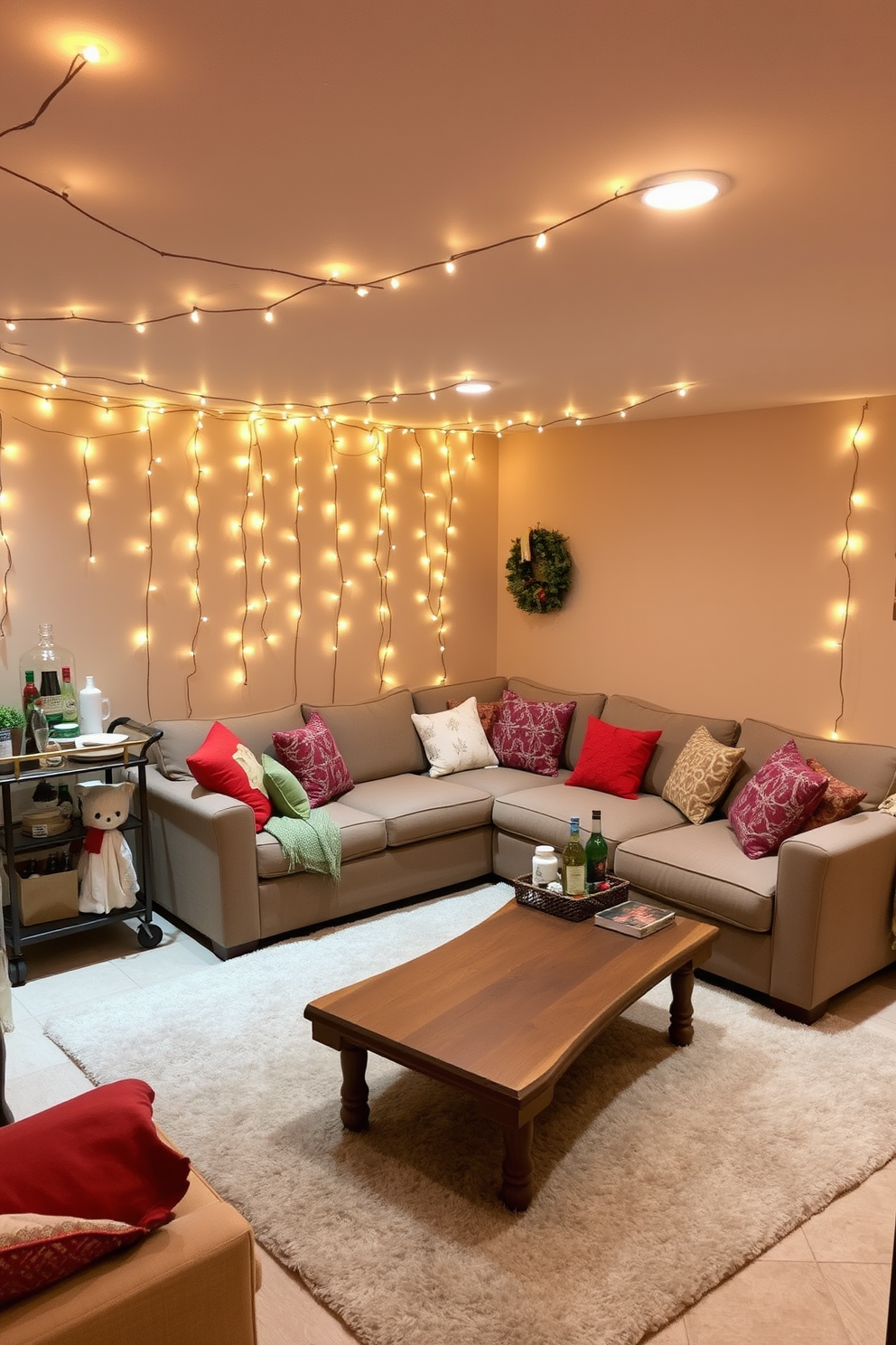 A cozy basement space adorned with string lights creating a warm and festive glow. The walls are painted in a soft beige, and a large sectional sofa is arranged around a rustic wooden coffee table. Colorful throw pillows add a pop of color to the seating area, while a plush area rug anchors the space. A small bar cart in the corner is decorated with seasonal decor and a selection of festive drinks.