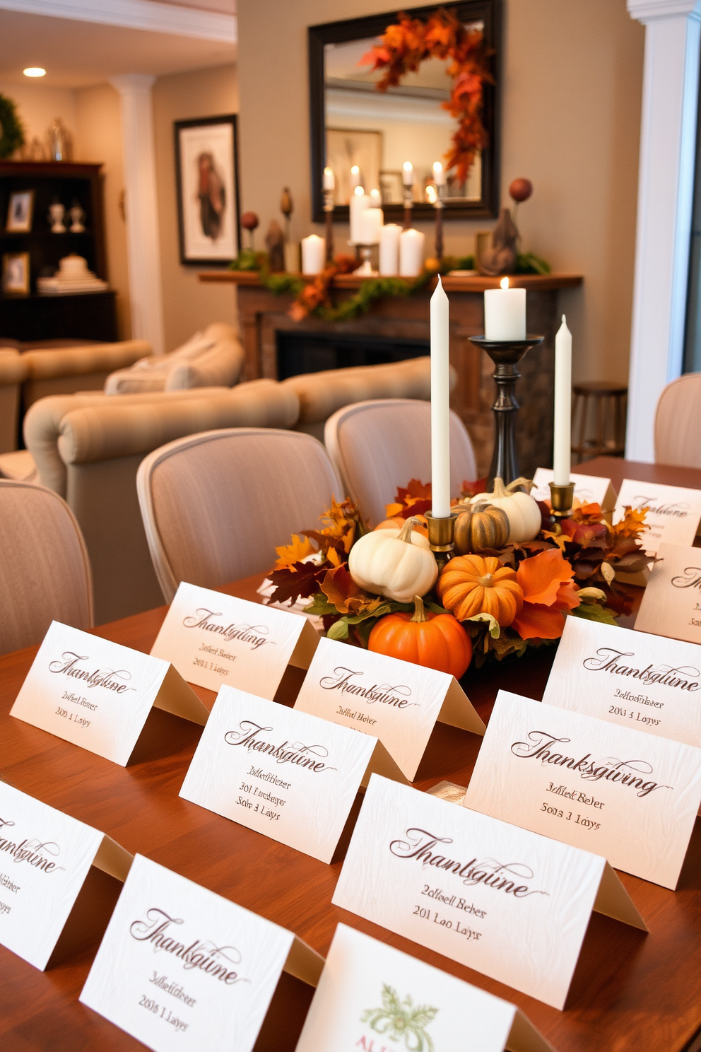 Personalized place cards for each guest. Each card features elegant calligraphy on textured cardstock, adorned with a small seasonal motif like a pumpkin or a fall leaf. Thanksgiving Basement Decorating Ideas. The space is transformed with warm lighting, cozy seating arrangements, and a harvest-themed centerpiece that includes gourds, candles, and autumn foliage.