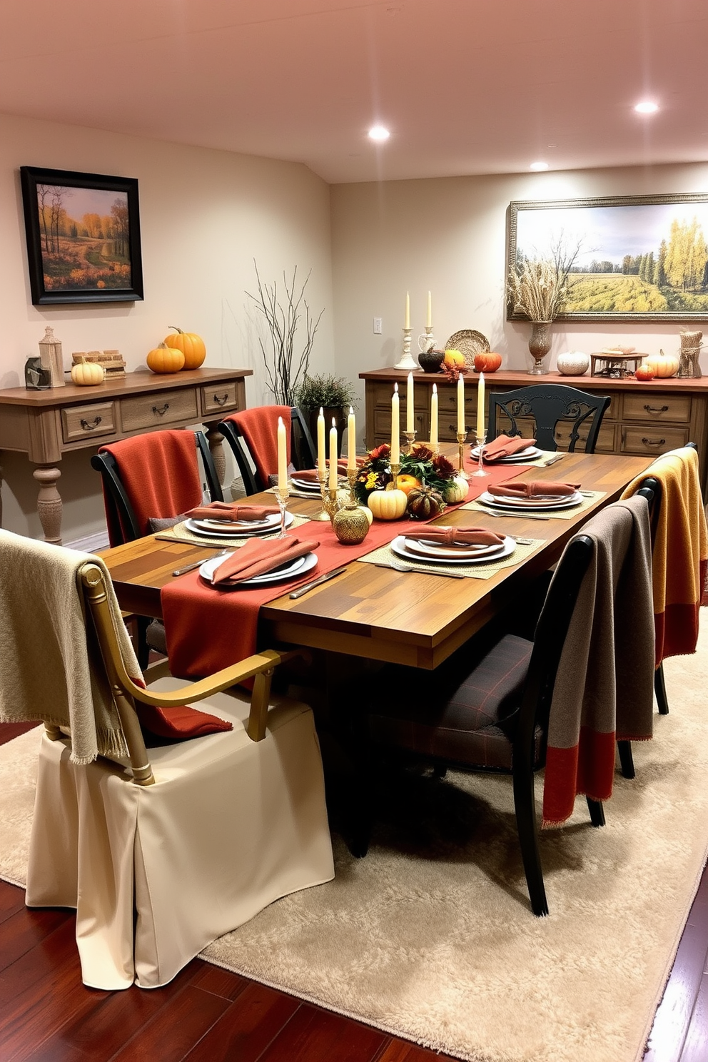 A rustic wooden table is beautifully set with elegant linens in rich autumn colors. Surrounding the table are mismatched chairs, each adorned with cozy throw blankets, creating a warm and inviting atmosphere for Thanksgiving celebrations. The basement is decorated with soft ambient lighting and seasonal decor, including pumpkins and gourds. A plush area rug anchors the space, while wall art featuring autumn landscapes adds a personal touch to the cozy gathering area.