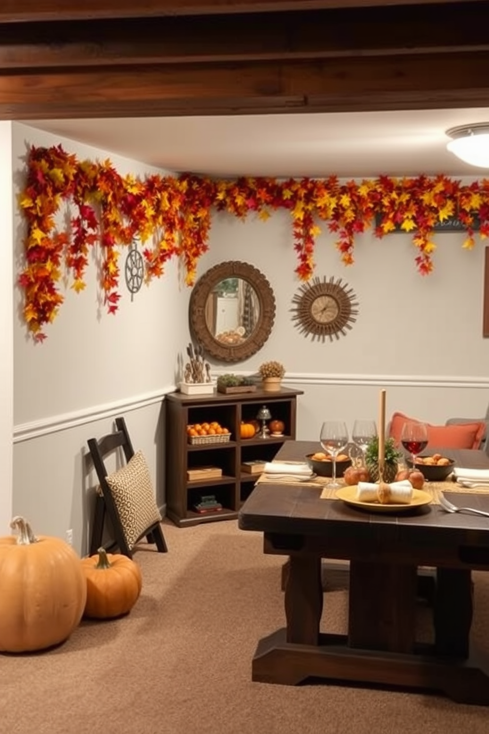 Create a cozy basement space decorated for Thanksgiving. The walls are adorned with harvest-themed wall art featuring pumpkins, cornucopias, and autumn leaves, while warm, inviting decorations like string lights and woven baskets add a festive touch.