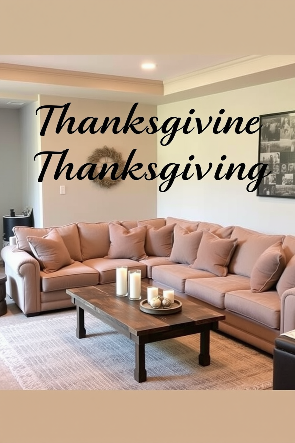 A cozy basement retreat designed for Thanksgiving gatherings. The space features a neutral color palette with soft beige walls and warm taupe furniture, creating a serene vibe that invites relaxation. A large sectional sofa is adorned with plush throw pillows in muted earth tones. A rustic wooden coffee table sits in the center, surrounded by subtle decorative accents like candles and seasonal decor.