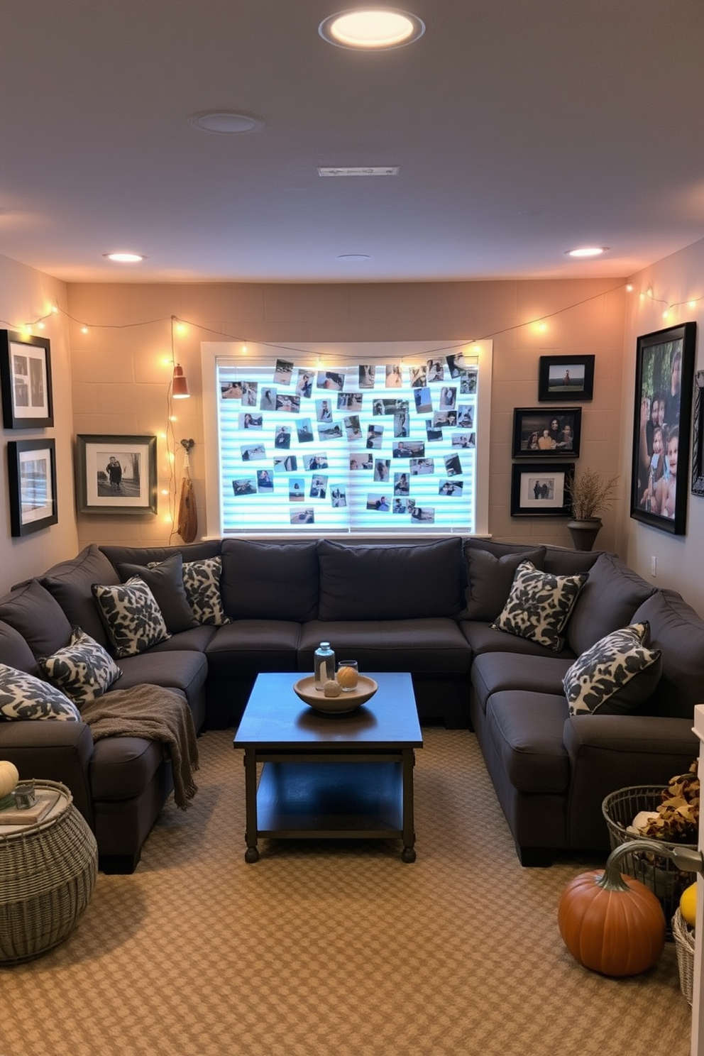 A cozy basement space designed for Thanksgiving gatherings. The walls are adorned with a DIY photo display showcasing family memories, framed in rustic wooden frames. A large, comfortable sectional sofa is positioned around a central coffee table, creating an inviting atmosphere. Soft, warm lighting from string lights adds a festive touch, complementing the autumn-themed decor scattered throughout the room.