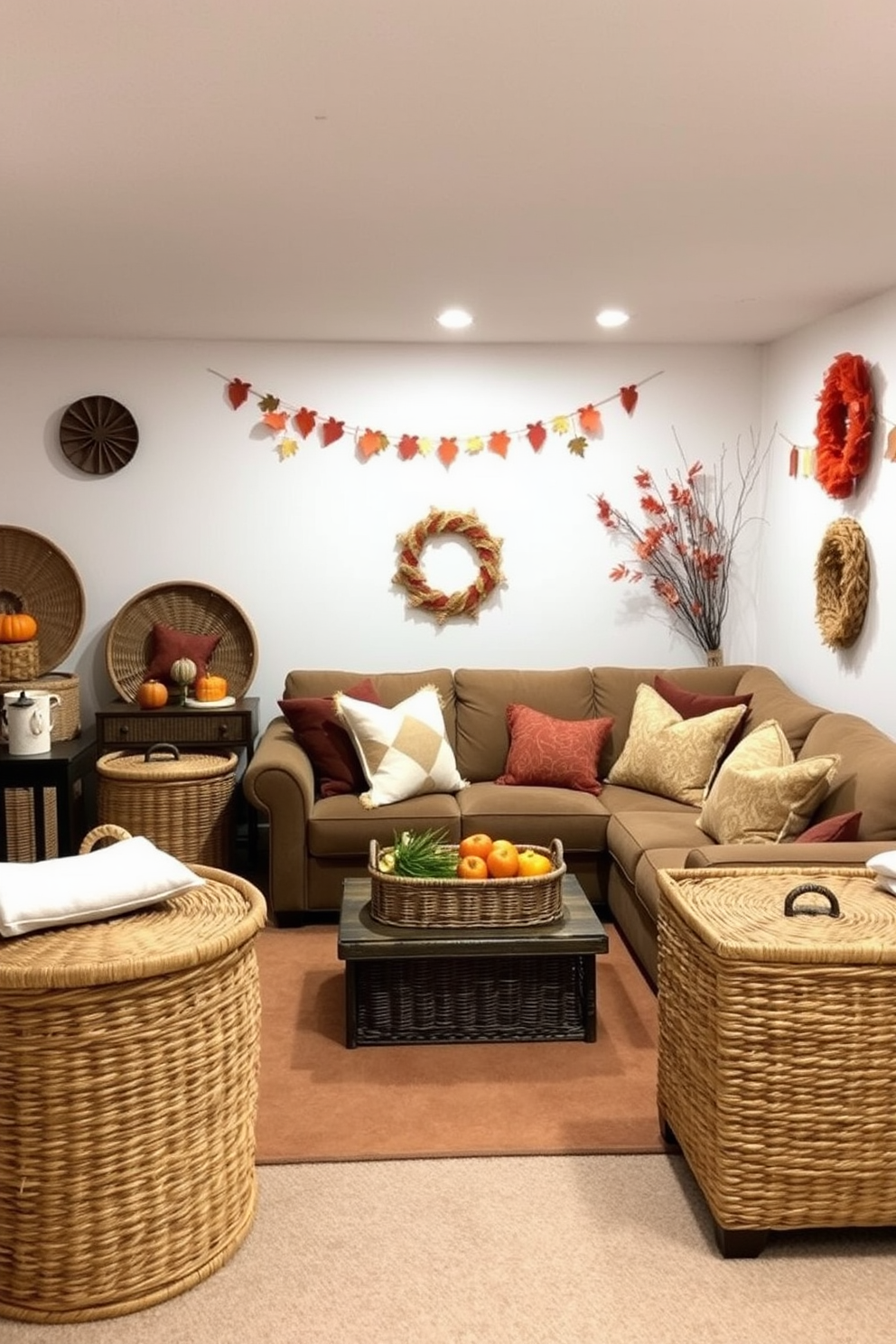 A cozy basement space designed for Thanksgiving celebrations. Woven baskets are strategically placed around the room for storage and decor, adding warmth and texture to the environment. The walls are adorned with autumn-themed decorations, featuring rich oranges and deep browns. A large, inviting sofa is surrounded by plush cushions, creating a perfect gathering spot for family and friends.