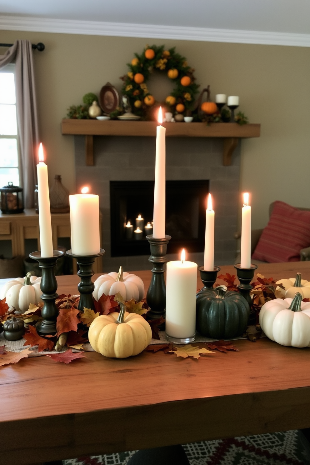 Create a cozy Thanksgiving-inspired basement setting featuring candles of varied heights arranged on a rustic wooden table. The warm glow of the candles illuminates autumn-themed decorations, including pumpkins and fall leaves scattered around the space.