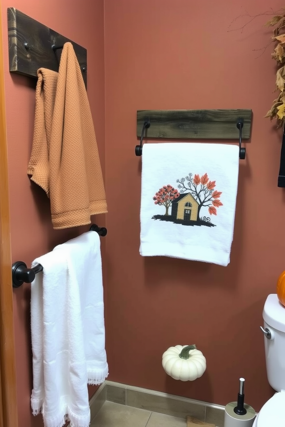 Autumn themed towels are elegantly draped over rustic wooden racks in a cozy bathroom. The walls are adorned with warm, earthy tones, complemented by seasonal decorations like small pumpkins and dried leaves.