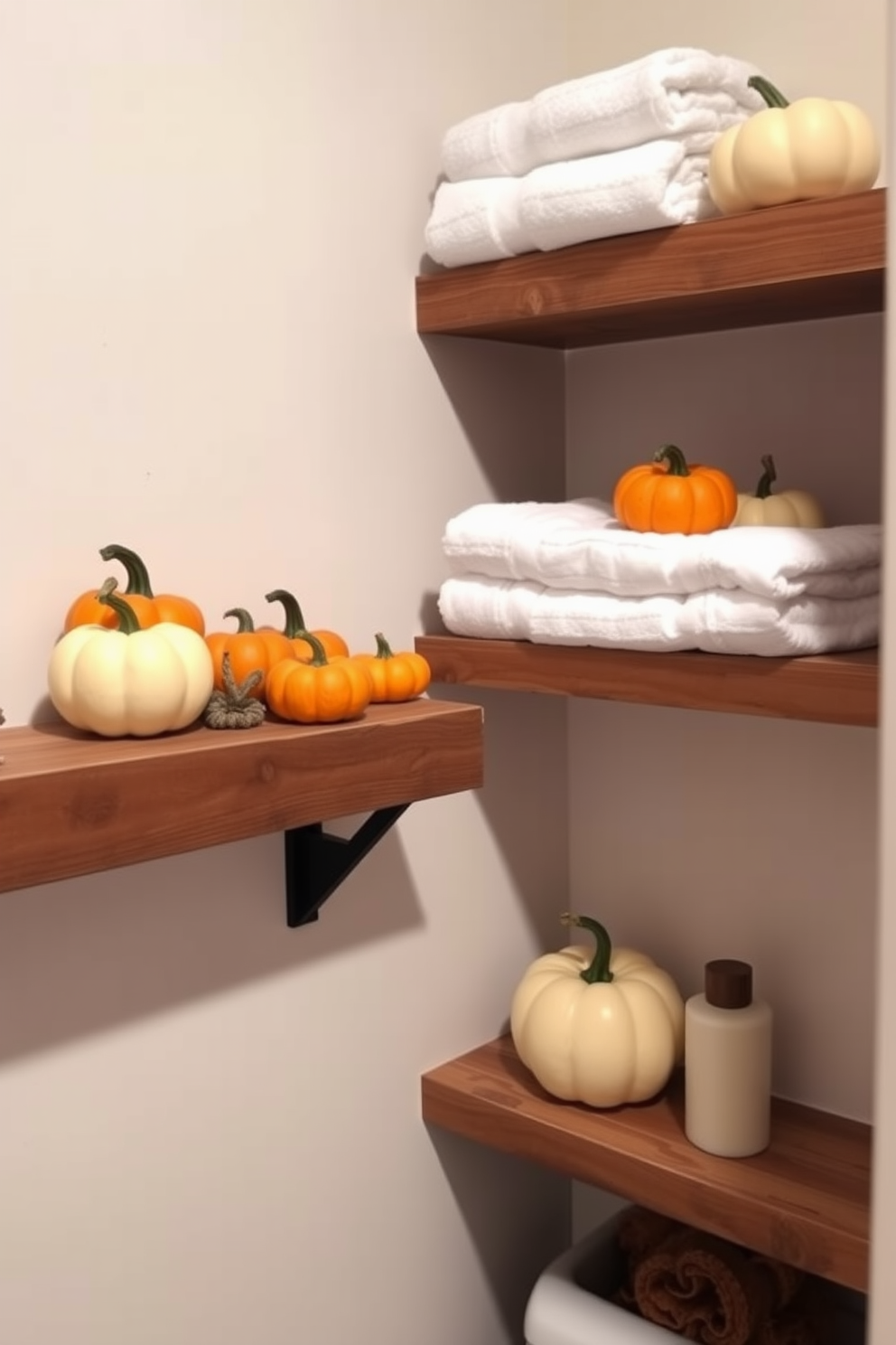 Miniature pumpkins of various sizes and colors are artfully arranged on open shelves, creating a warm and festive atmosphere. Soft white towels and autumn-themed decor complement the pumpkins, enhancing the Thanksgiving spirit in the bathroom. The shelves are made of reclaimed wood, adding a rustic touch to the overall design. Subtle lighting highlights the pumpkins, casting gentle shadows that create a cozy and inviting space.