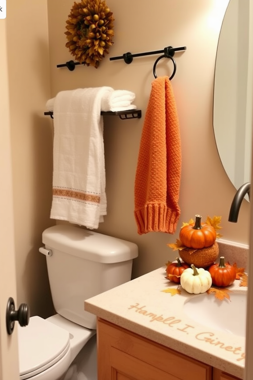 A cozy bathroom setting with warm toned hand towels adding accents to the decor. The space features autumn-themed decorations, including small pumpkins and fall leaves arranged on the countertop.