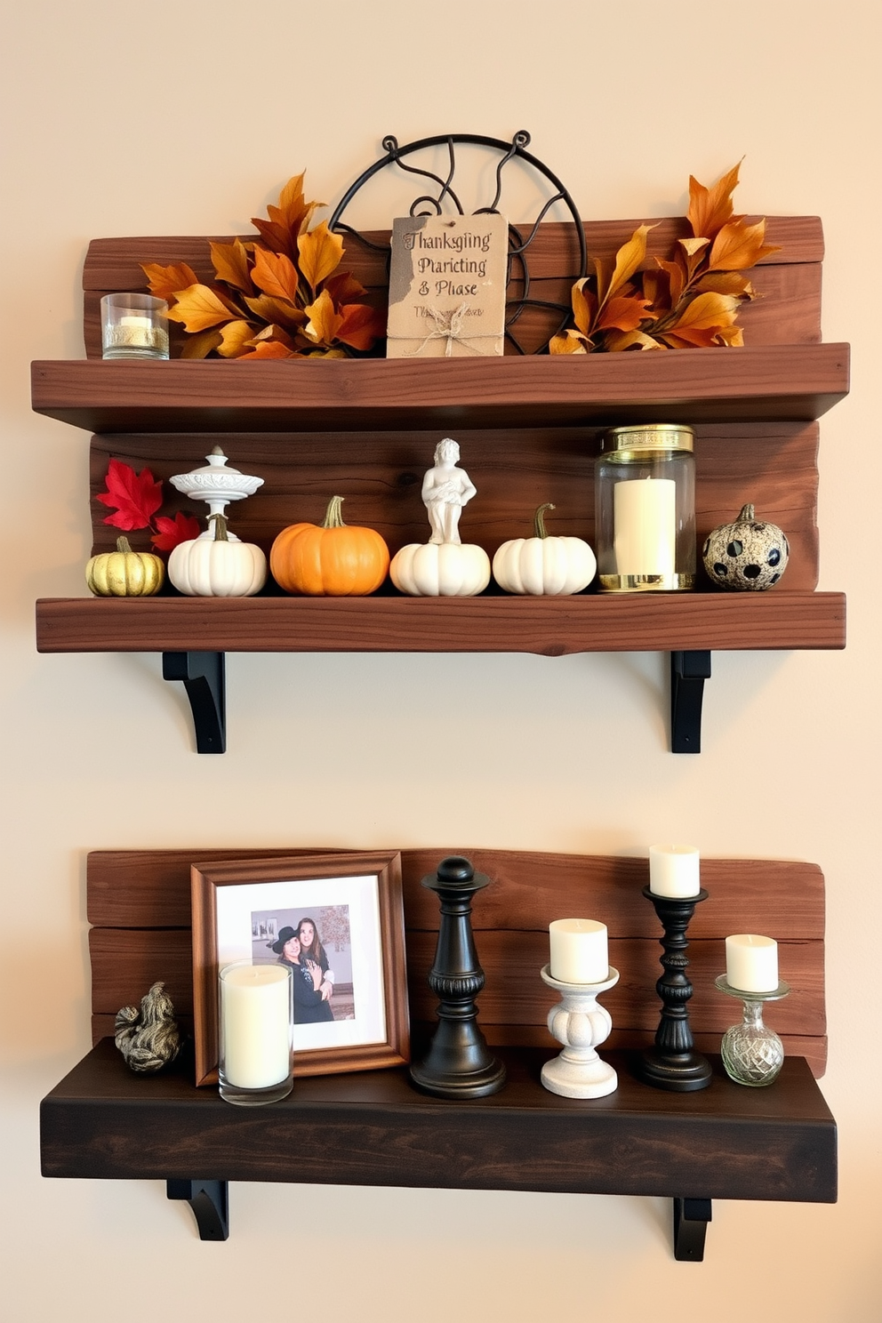 A rustic wooden shelf is mounted on the wall, adorned with various decor items that evoke the warmth of Thanksgiving. On the shelf, there are small pumpkins, autumn leaves, and candles arranged harmoniously, creating a cozy and inviting atmosphere.