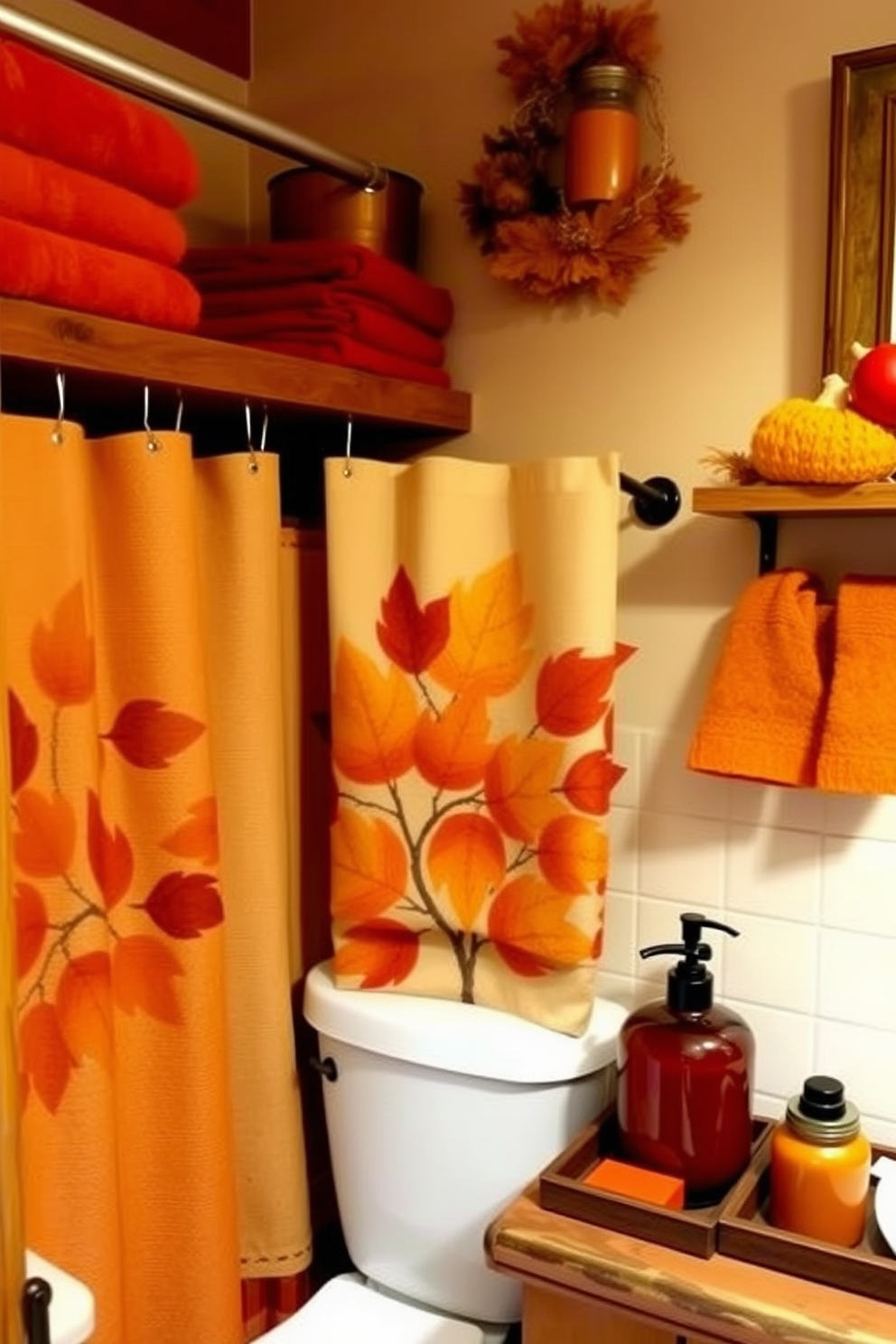 A cozy bathroom adorned with autumn colored bath accessories. Plush towels in shades of burnt orange and deep red are neatly arranged on the wooden shelves. A decorative shower curtain features a leaf pattern in warm hues. Pump bottles and soap dishes in earthy tones complete the Thanksgiving theme.