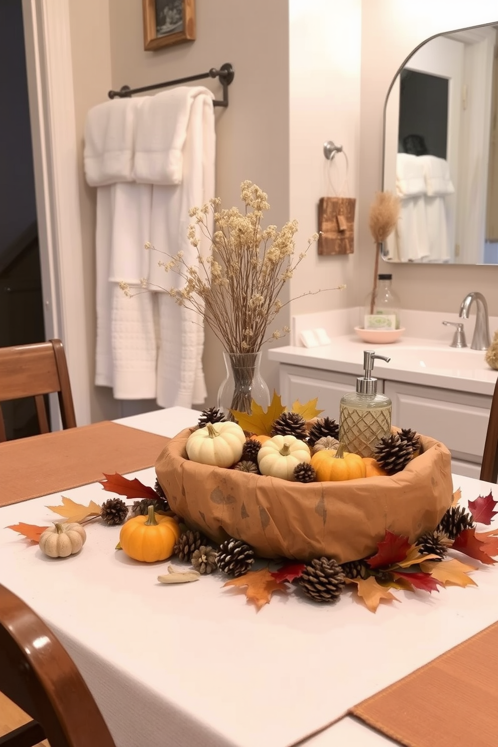 A rustic dough bowl filled with seasonal decor sits at the center of a dining table. Surrounding the bowl are small pumpkins, pinecones, and autumn leaves, creating a warm Thanksgiving ambiance. In the bathroom, a cozy atmosphere is achieved with soft towels and a decorative soap dispenser. A small arrangement of dried flowers in a glass vase adds a touch of seasonal charm to the countertop.