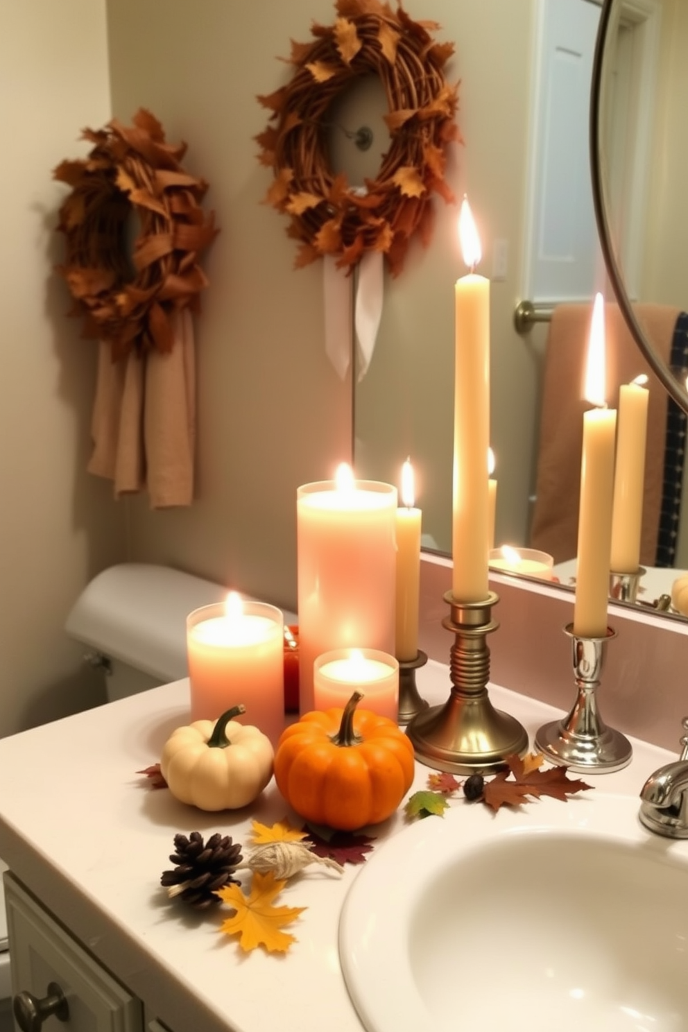 A cozy Thanksgiving bathroom setting featuring candles in varying heights arranged on the countertop. The warm glow of the candles complements seasonal decorations like small pumpkins and autumn leaves scattered around.