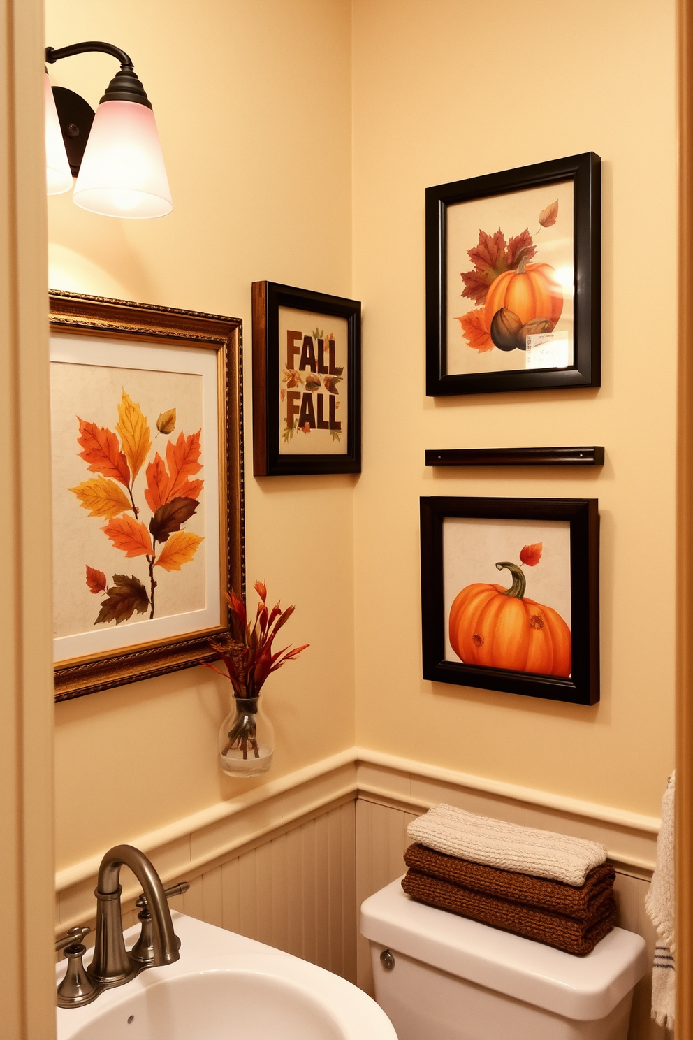 A cozy bathroom setting adorned with seasonal artwork celebrating fall themes. The walls are decorated with framed prints of autumn leaves and pumpkins, creating a warm and inviting atmosphere.