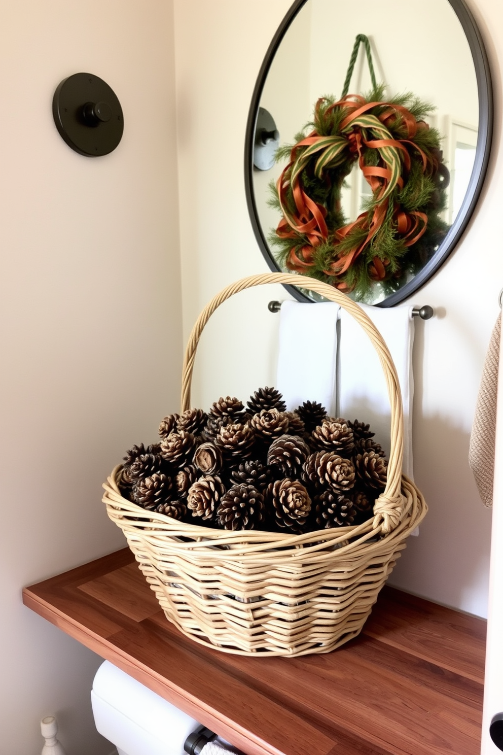 A cozy bathroom adorned for Thanksgiving features a decorative basket overflowing with natural pinecones. The basket sits elegantly on a wooden shelf, complementing the warm tones of the rustic decor.