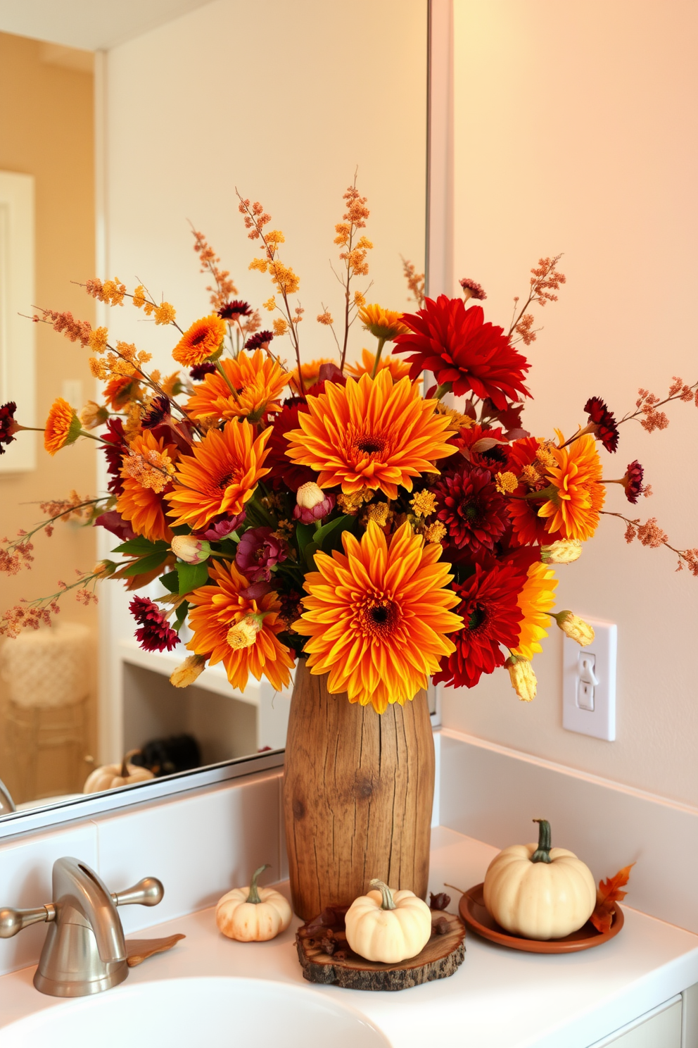 Floral arrangements featuring vibrant autumn blooms are artfully arranged in a rustic wooden vase, adding warmth and color to the space. The bathroom is adorned with subtle Thanksgiving-themed decorations, including small pumpkins and golden leaves placed strategically on the countertop. A cozy atmosphere is created with soft, warm lighting that highlights the rich hues of the floral arrangements. The walls are painted in a soft cream color, complementing the earthy tones of the autumn decor for a harmonious look.