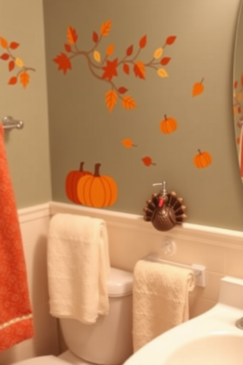 Create a cozy bathroom setting adorned with Thanksgiving themed wall decals featuring autumn leaves and pumpkins. The decor should include soft towels in warm hues and a decorative soap dispenser shaped like a turkey.