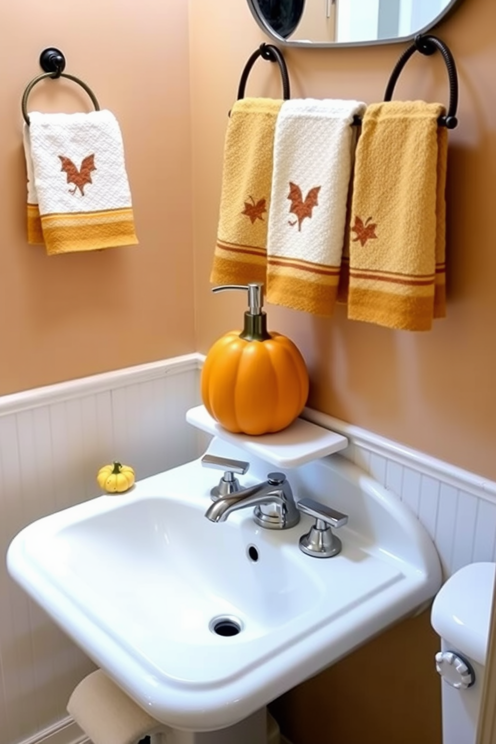 A charming bathroom decorated for Thanksgiving features a pumpkin-shaped soap dispenser placed on the sink. The warm autumn colors are complemented by seasonal accents like small gourds and fall-themed towels.