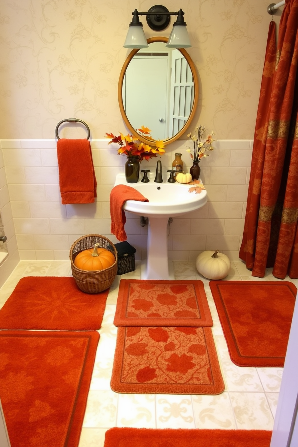 A cozy bathroom setting adorned with layered rugs featuring warm fall patterns in shades of orange, red, and gold. The space is accented with seasonal decorations like small pumpkins and autumn leaves placed around the sink area.