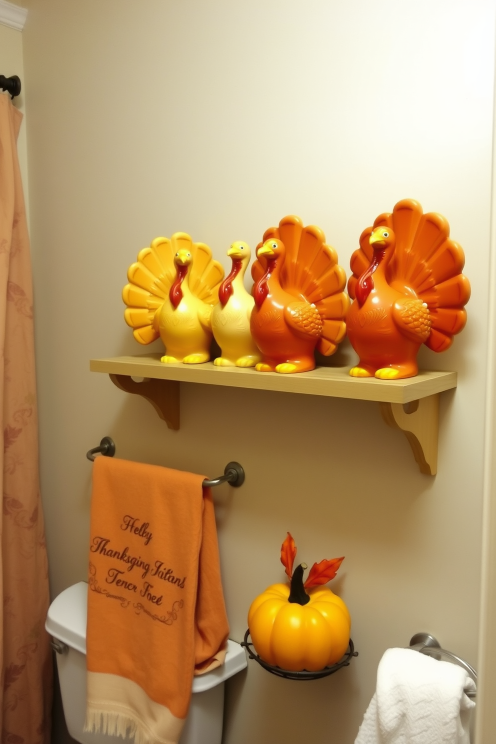 Rustic wooden shelves are mounted on the wall, showcasing a variety of autumn-themed decorations such as small pumpkins, pinecones, and candles. The shelves are adorned with warm-toned accents that create a cozy and inviting atmosphere for Thanksgiving. The bathroom features a neutral color palette with soft beige walls and a wooden vanity that complements the rustic shelves. A decorative towel with a fall motif hangs neatly, adding to the seasonal charm of the space.