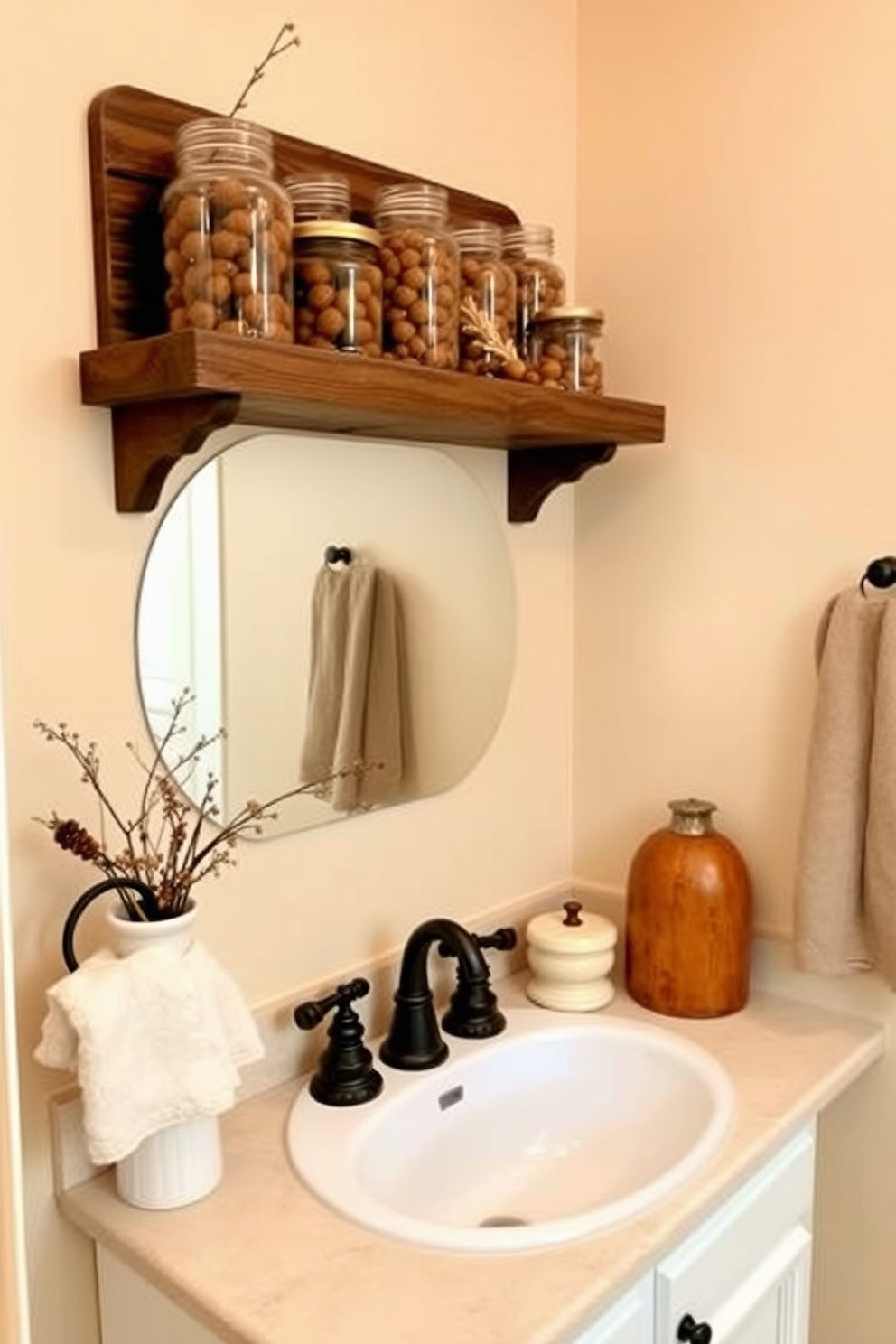 Vintage style jars filled with acorns are arranged on a rustic wooden shelf above the sink. The bathroom features warm earth tones with soft lighting that creates a cozy atmosphere for Thanksgiving.