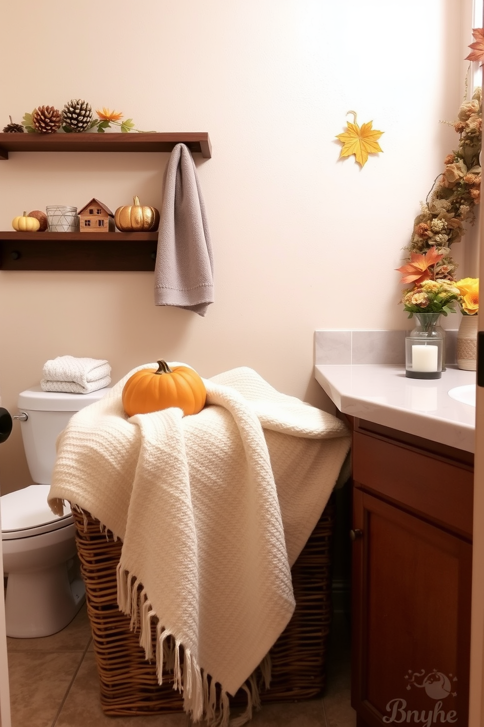 A cozy Thanksgiving bathroom setting featuring a soft throw blanket draped over a wicker basket. The walls are adorned with autumn-themed decorations, and a small pumpkin sits on the countertop next to a scented candle.