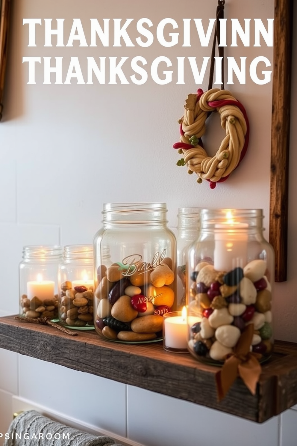 A cozy bathroom adorned for Thanksgiving features glass jars filled with colorful stones and flickering candles. The jars are arranged on a rustic wooden shelf, creating a warm and inviting atmosphere.