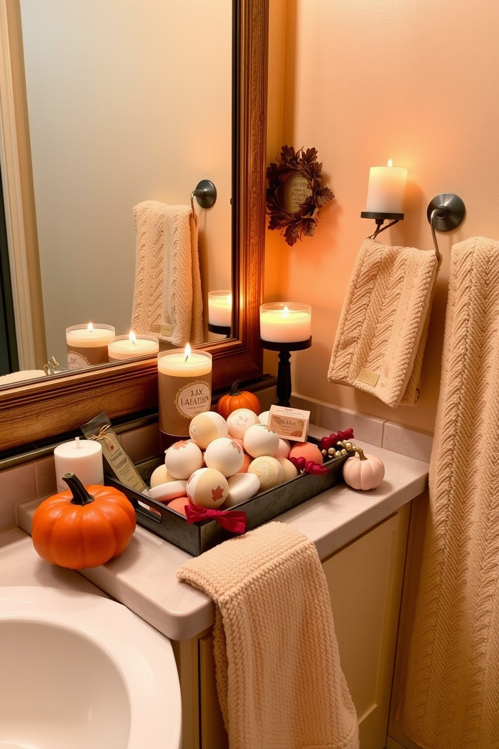 A cozy bathroom setting adorned with seasonal bath products in festive packaging. The countertop is decorated with autumn-themed candles and a decorative tray filled with colorful bath bombs and soaps. Soft, warm lighting creates an inviting atmosphere, while a small pumpkin sits next to a plush beige towel. The walls are painted in a warm cream tone, enhancing the festive spirit of Thanksgiving.