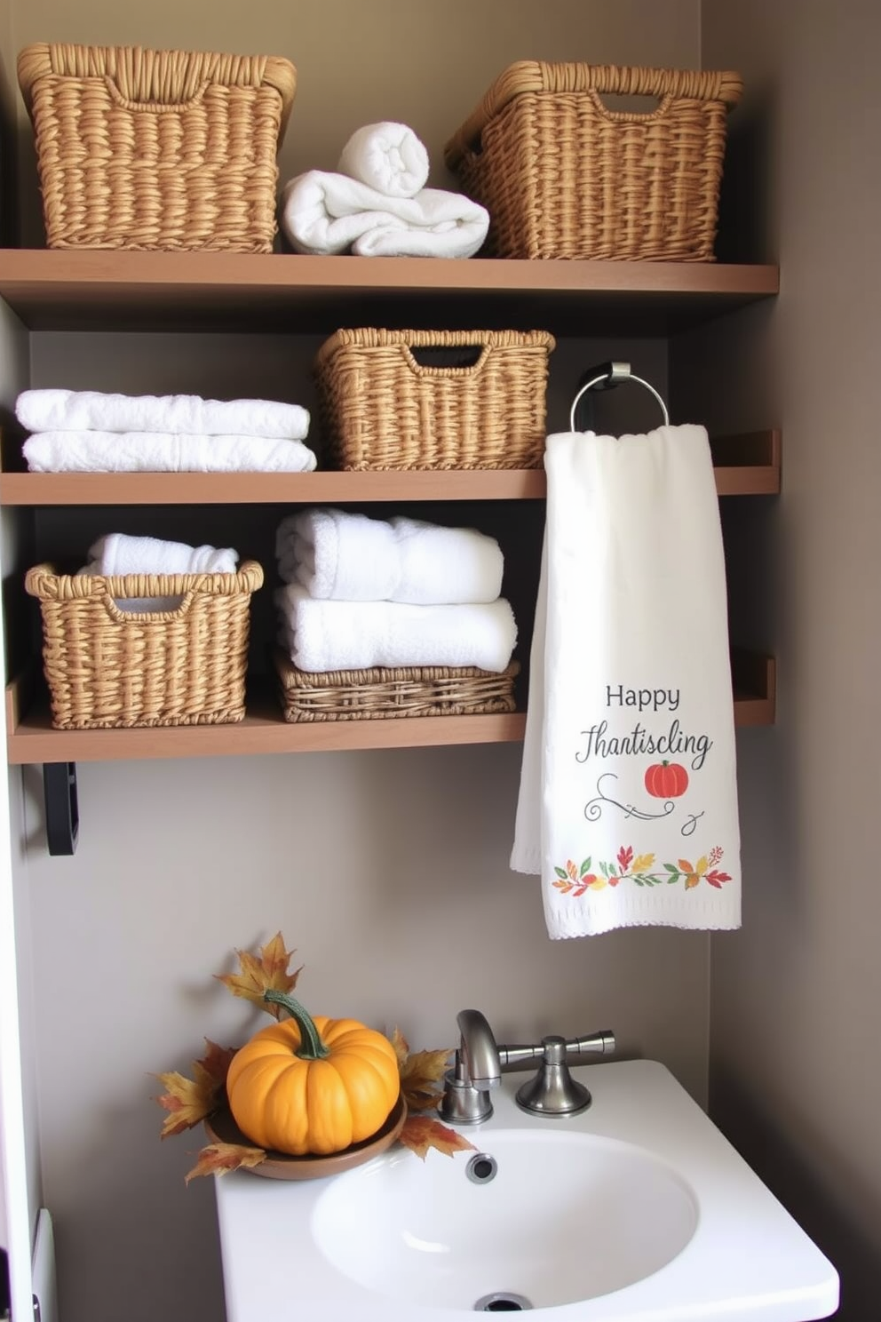 Natural fiber baskets are arranged neatly on open shelving, providing stylish storage solutions for towels and toiletries. The warm tones of the baskets complement the earthy color palette of the bathroom, enhancing the cozy atmosphere. For Thanksgiving, the bathroom is adorned with subtle autumn decorations, featuring small pumpkins and dried leaves placed around the sink area. A festive hand towel with seasonal motifs hangs from the rack, adding a touch of holiday cheer.