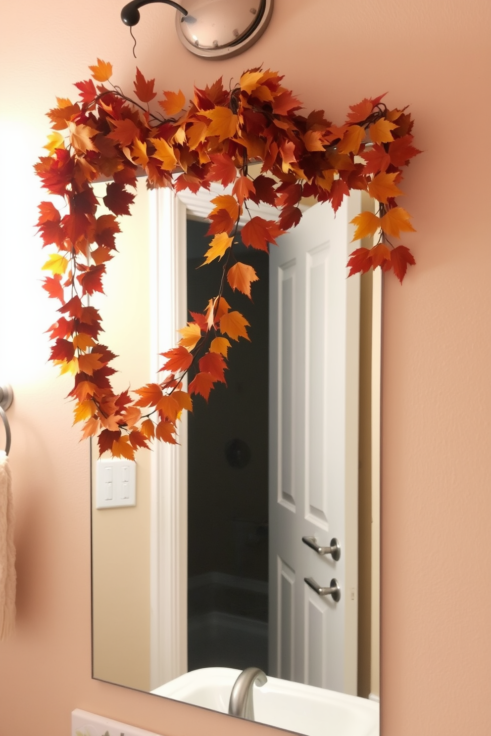 A cozy bathroom setting adorned with seasonal decorations for Thanksgiving. The space features a plush bathrobe and matching slippers in warm autumn colors, draped elegantly over a wooden chair. Soft, ambient lighting highlights a centerpiece of pumpkins and gourds on the countertop. The walls are decorated with fall-themed artwork, and a festive wreath hangs on the door, creating a welcoming atmosphere.