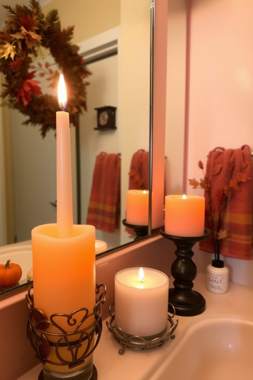 A beautiful bathroom adorned with an autumn leaf garland elegantly draped around a large round mirror. The warm hues of the leaves complement the soft beige walls, creating a cozy and inviting atmosphere perfect for Thanksgiving.