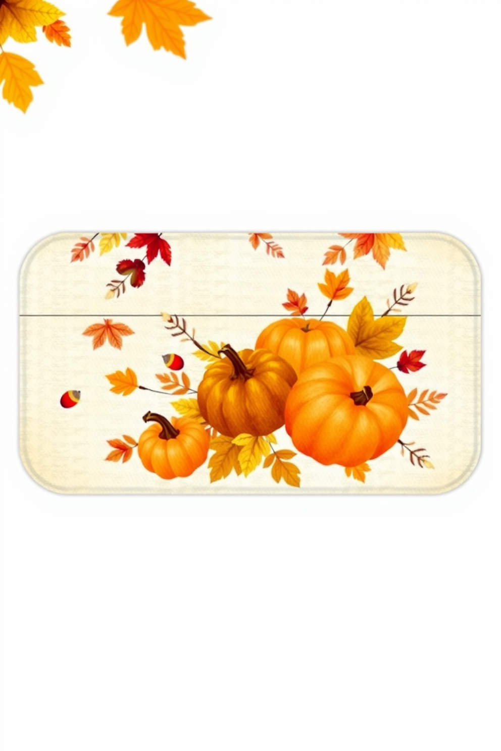 A cozy Thanksgiving themed bath mat design featuring warm autumn colors like orange, red, and gold. The mat showcases a beautiful arrangement of pumpkins, leaves, and acorns, creating a festive atmosphere. Incorporate elements of nature with a rustic touch, such as a woven texture or a plaid pattern. The design should evoke a sense of warmth and celebration, perfect for a holiday bathroom setting.