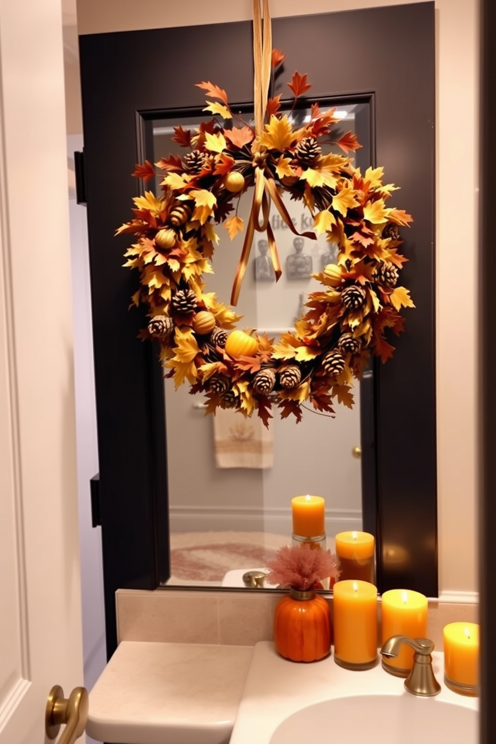 A decorative soap dispenser with fall motifs is placed on the countertop, adding a seasonal touch to the bathroom. Surrounding it are small pumpkins and autumn leaves, creating a warm and inviting atmosphere for Thanksgiving.