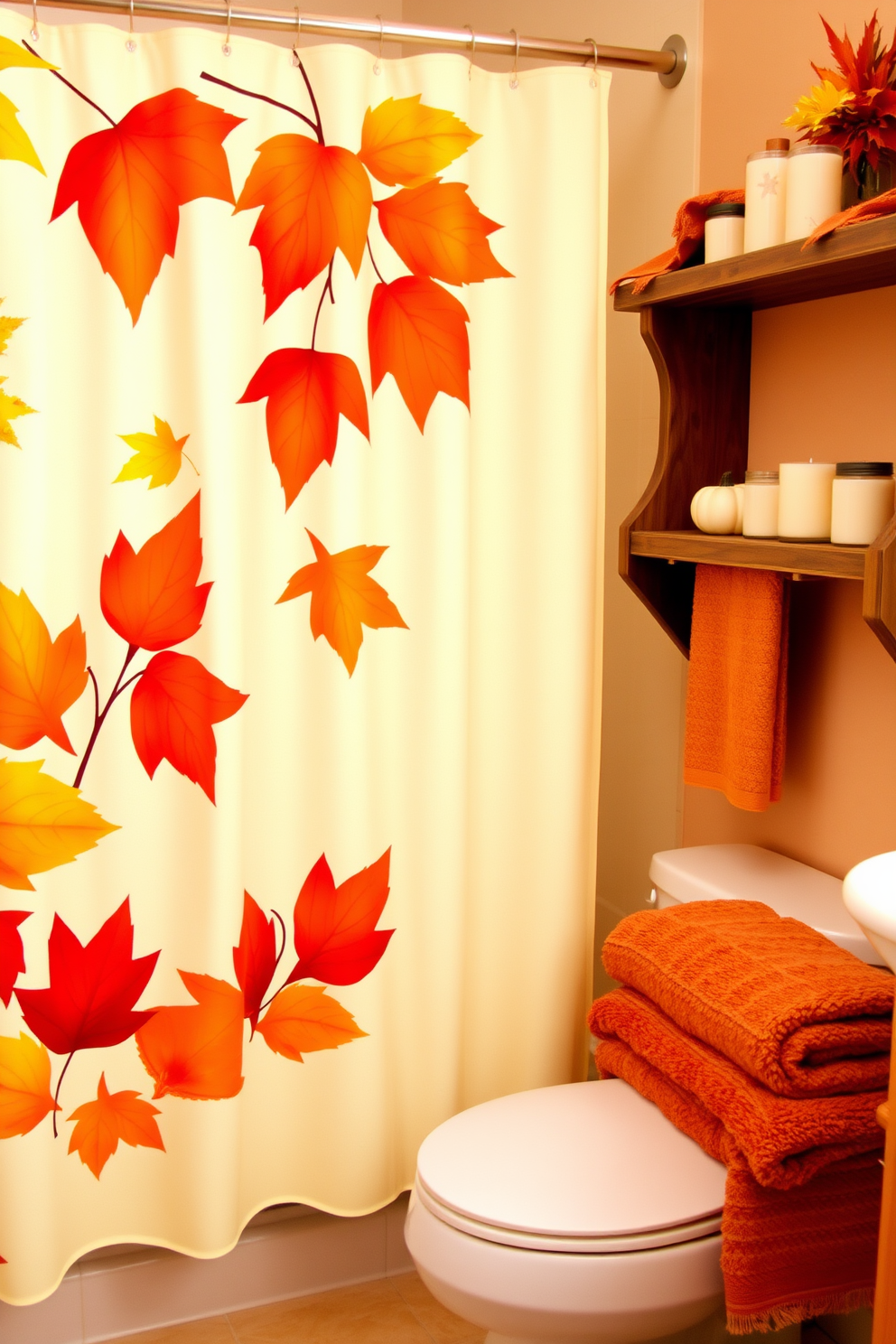 A Thanksgiving themed shower curtain design featuring autumn leaves in vibrant shades of orange, yellow, and red. The background is a warm cream color that complements the seasonal palette. Thanksgiving bathroom decorating ideas include a rustic wooden shelf adorned with small pumpkins and candles. Soft, fluffy towels in earthy tones are neatly arranged to enhance the cozy atmosphere.