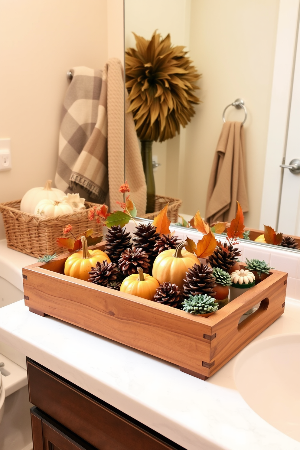 A decorative wooden tray is placed on the bathroom countertop, filled with seasonal items like small pumpkins, pinecones, and autumn leaves. The warm tones of the tray complement the neutral color palette of the bathroom, creating a cozy and inviting atmosphere for Thanksgiving.