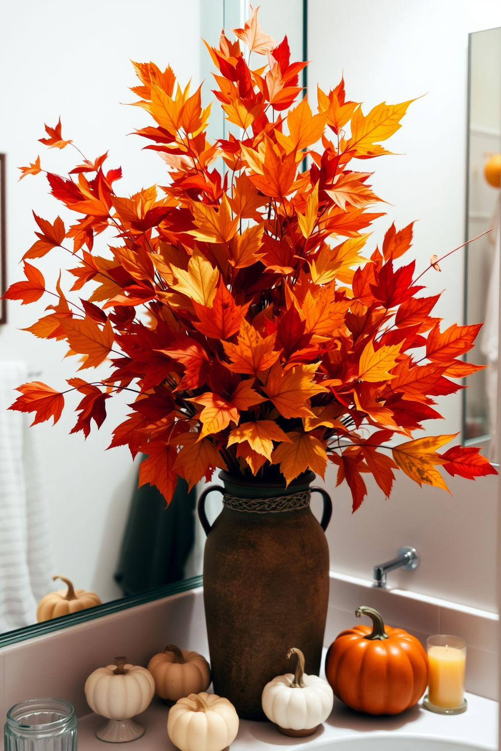 A vibrant arrangement of colorful fall leaves fills a rustic vase, bringing warmth and seasonal charm to the space. The bathroom features soft lighting that highlights the rich hues of orange, red, and yellow, creating an inviting atmosphere. Around the vase, subtle Thanksgiving decorations add a festive touch, such as small pumpkins and candles. The decor complements the neutral tones of the bathroom, enhancing the cozy, autumnal feel.