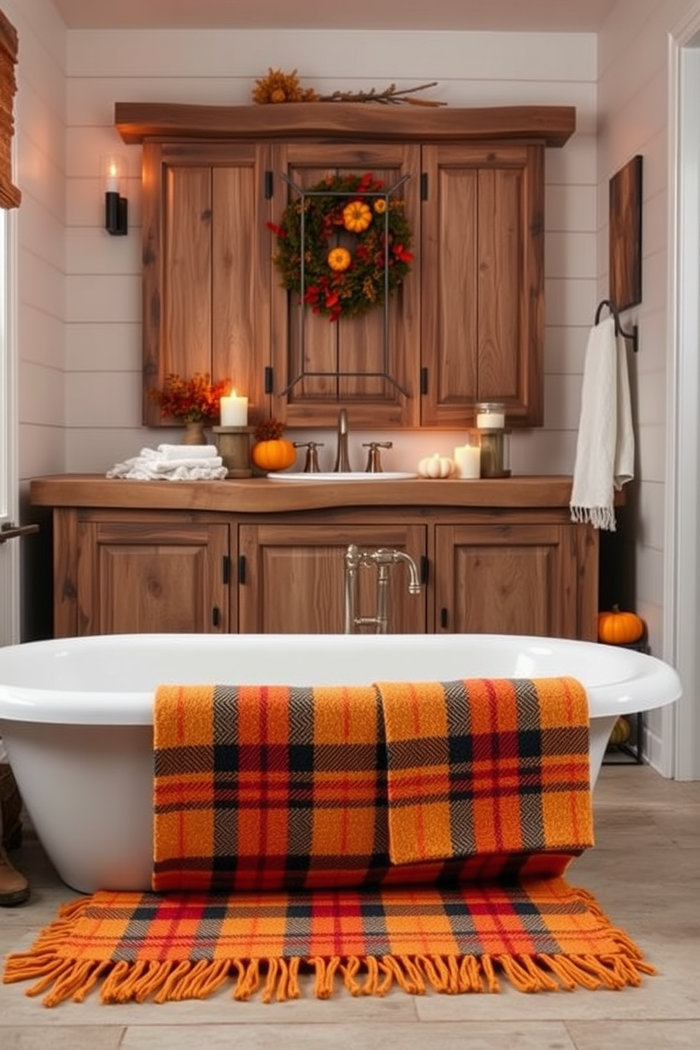 Cozy plaid bath mat in warm tones placed in front of a rustic wooden vanity. The bathroom features autumn-themed decorations, including small pumpkins and warm candlelight for a festive Thanksgiving ambiance.