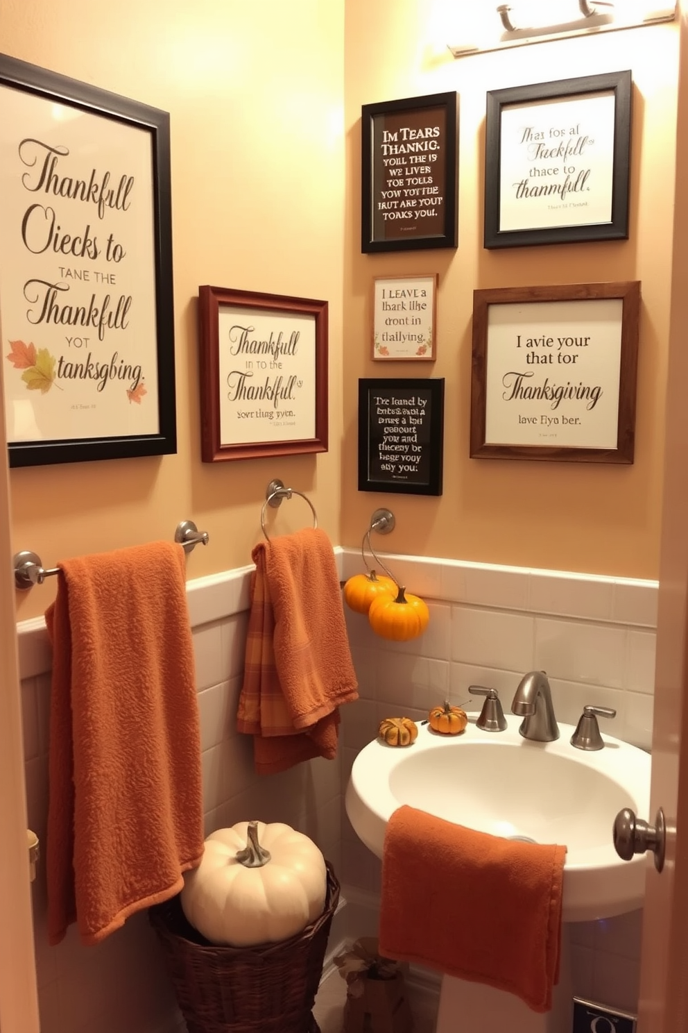 A cozy bathroom adorned with framed thankful quotes on the walls to celebrate the spirit of Thanksgiving. The decor includes warm autumn colors, with plush towels and seasonal accents like small pumpkins and dried leaves arranged thoughtfully around the space.